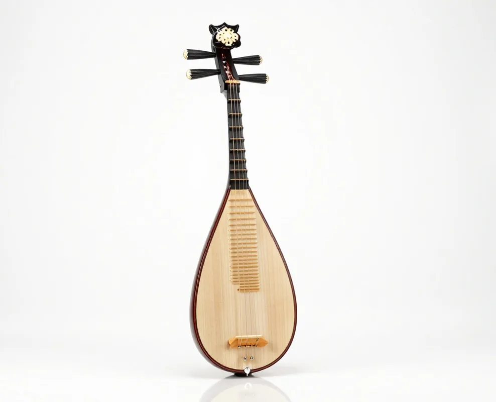 Side profile of a three string domra prima with maple stave body and ebony fingerboard